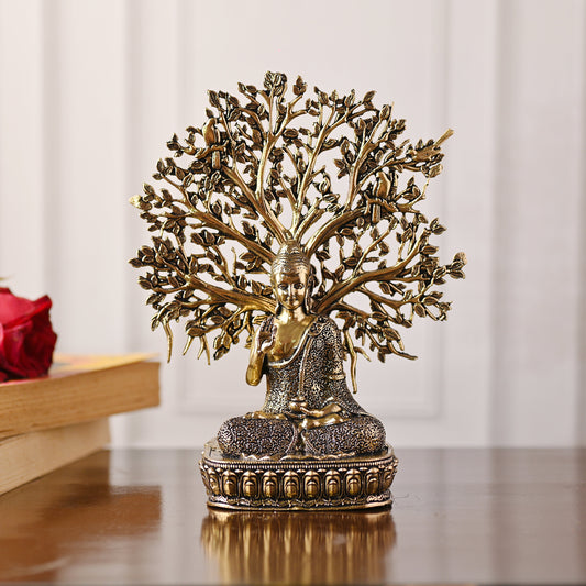 Brass Buddha Statue with Tree – Handmade Spiritual Brassware (6.3 Inch)