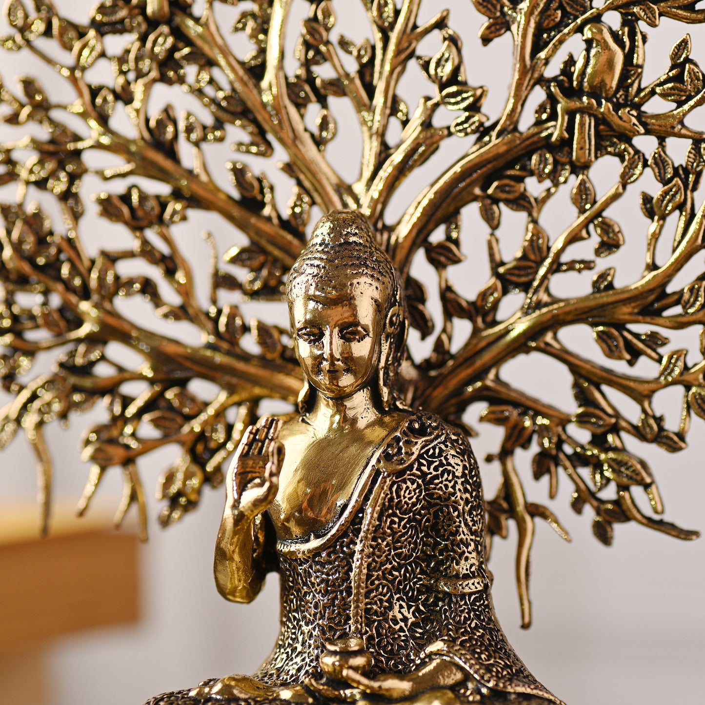 Brass Buddha Statue with Tree – Handmade Spiritual Brassware (6.3 Inch)