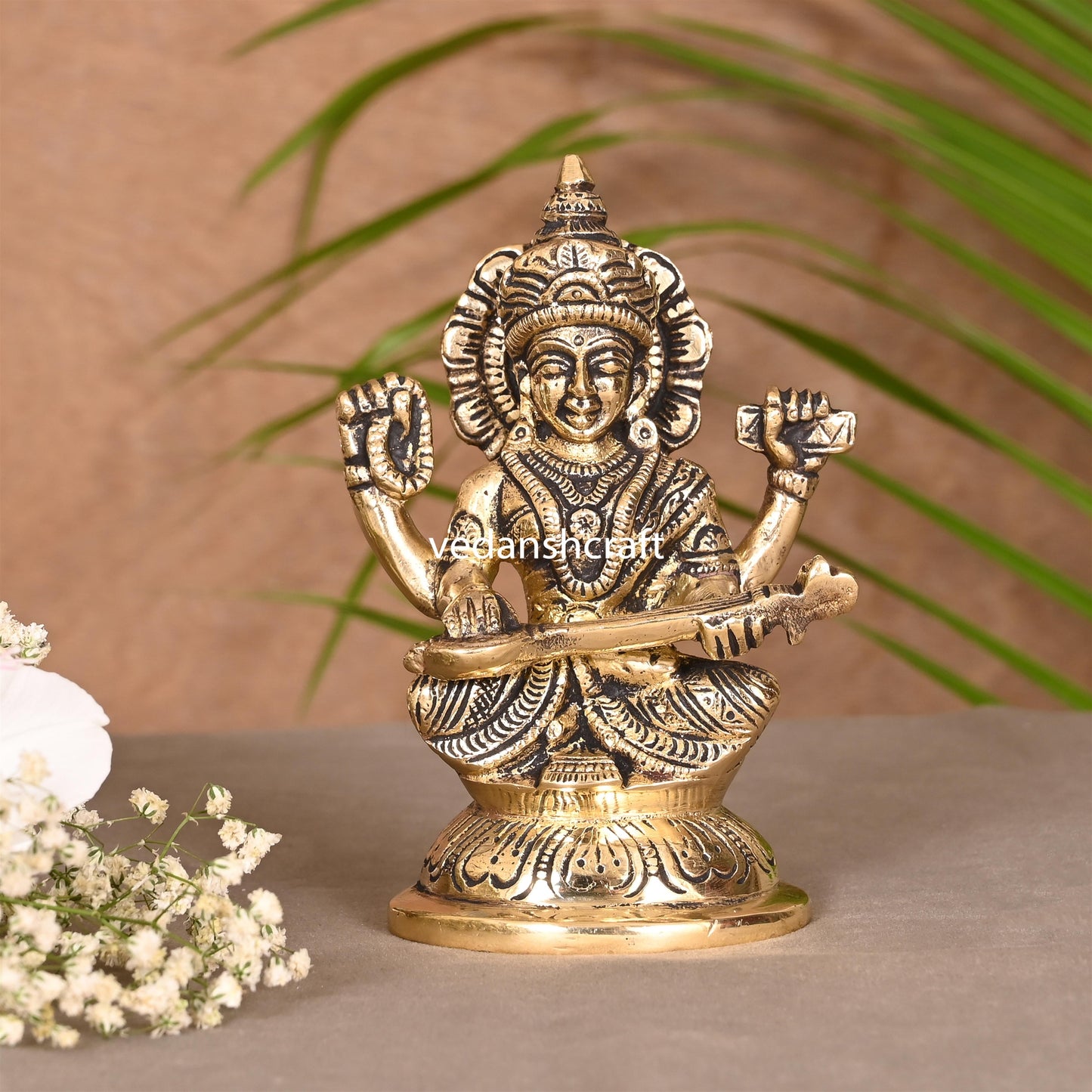 Brass Goddess Saraswati Idol (4.5 Inch)