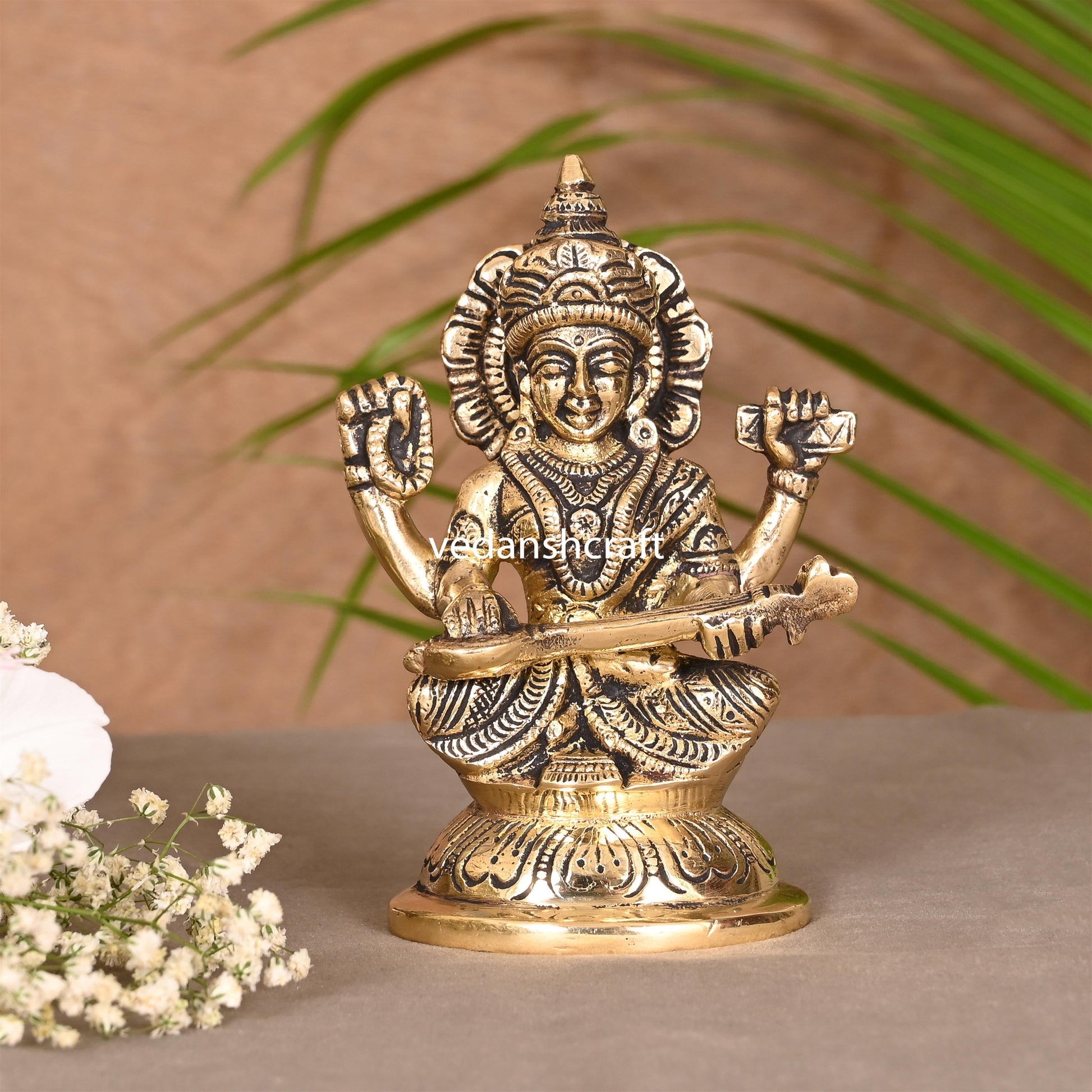 Brass Goddess Saraswati Idol (4.5 Inch)