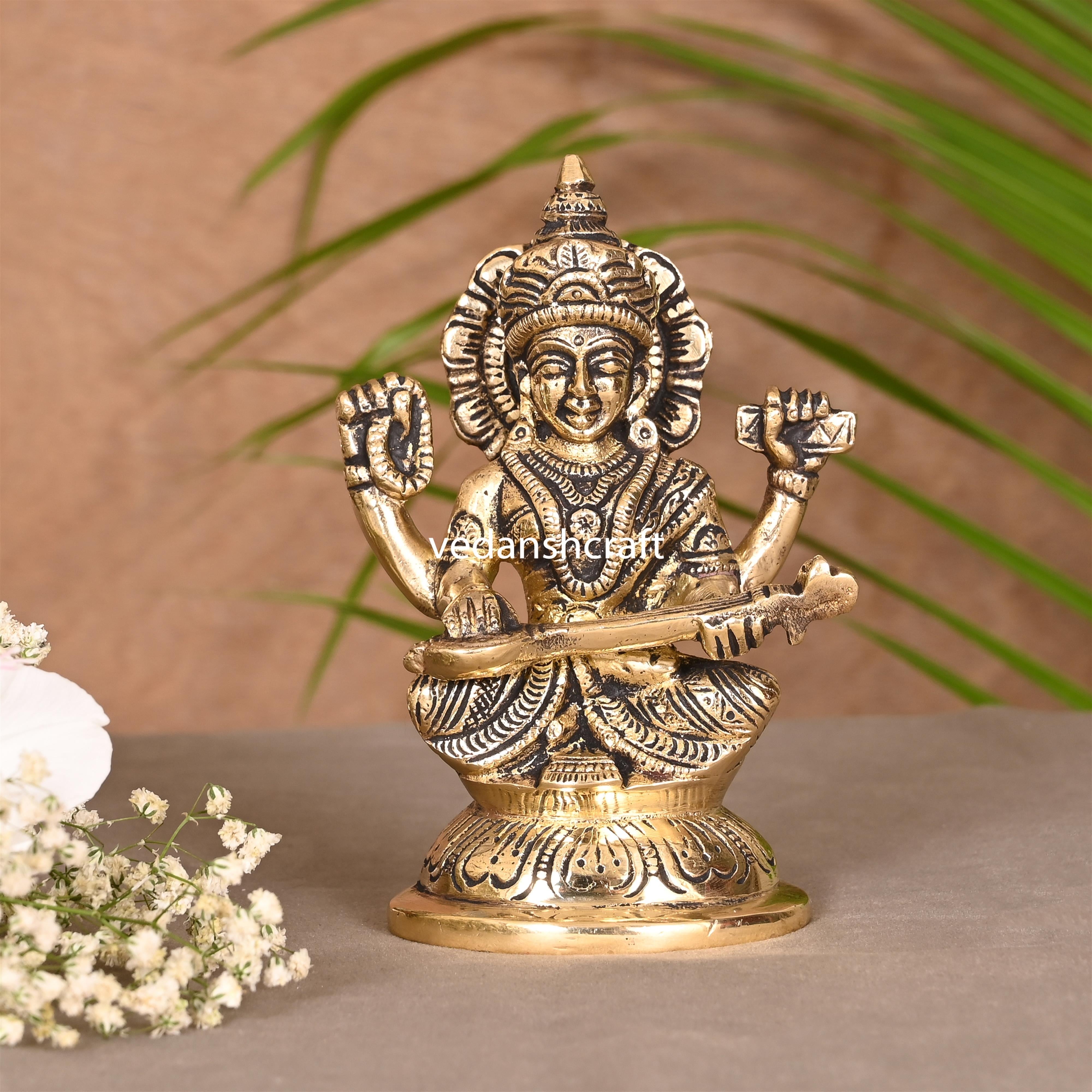 Brass Goddess Saraswati Idol (4.5 Inch)