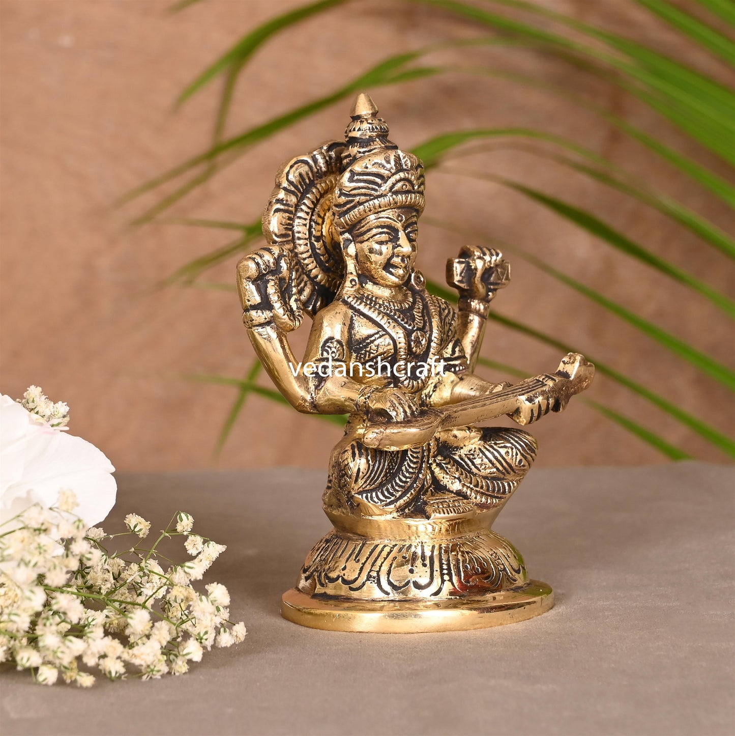 Brass Goddess Saraswati Idol (4.5 Inch)