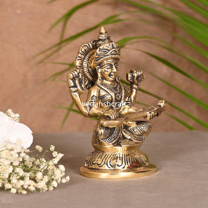 Brass Goddess Saraswati Idol (4.5 Inch)