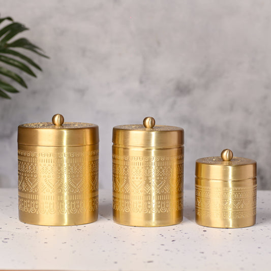 Brass Etching Storage Jars with Lids – Set of 3 Premium Containers