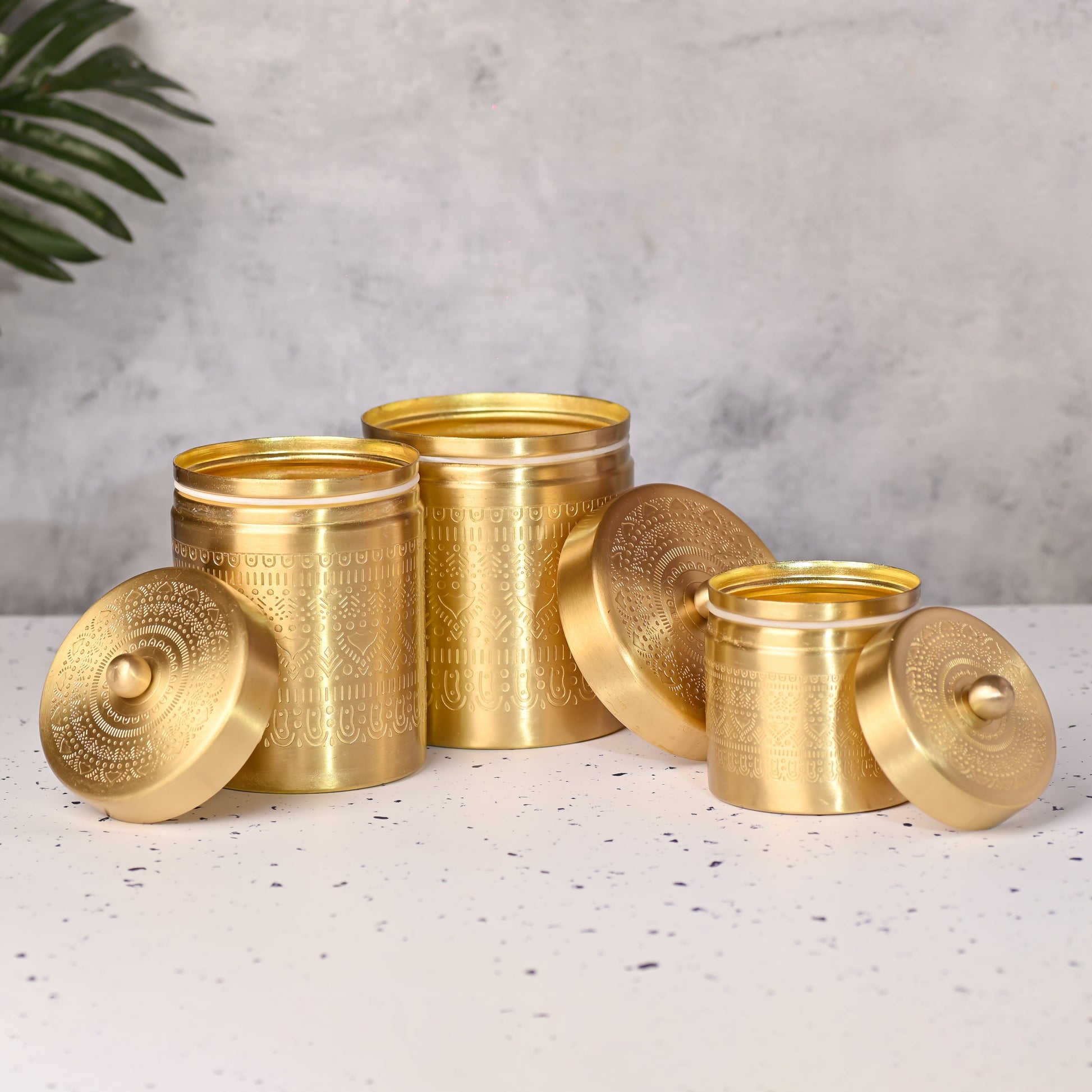 Brass Etching Storage Jars with Lids – Set of 3 Premium Containers