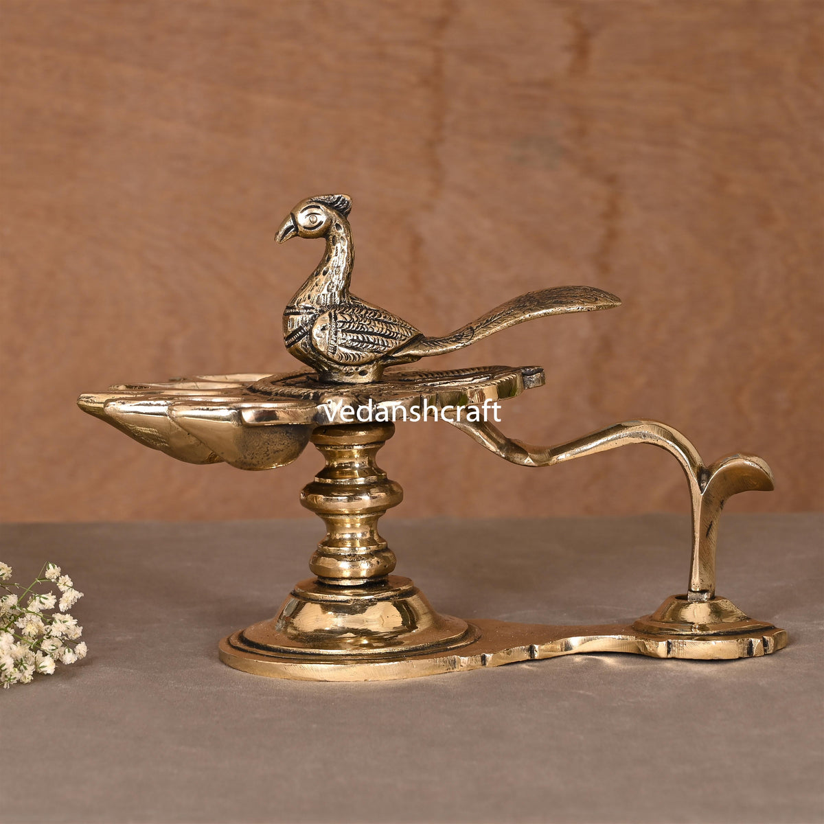 Brass Peacock Panch Aarti With Handle (7.5 Inch)