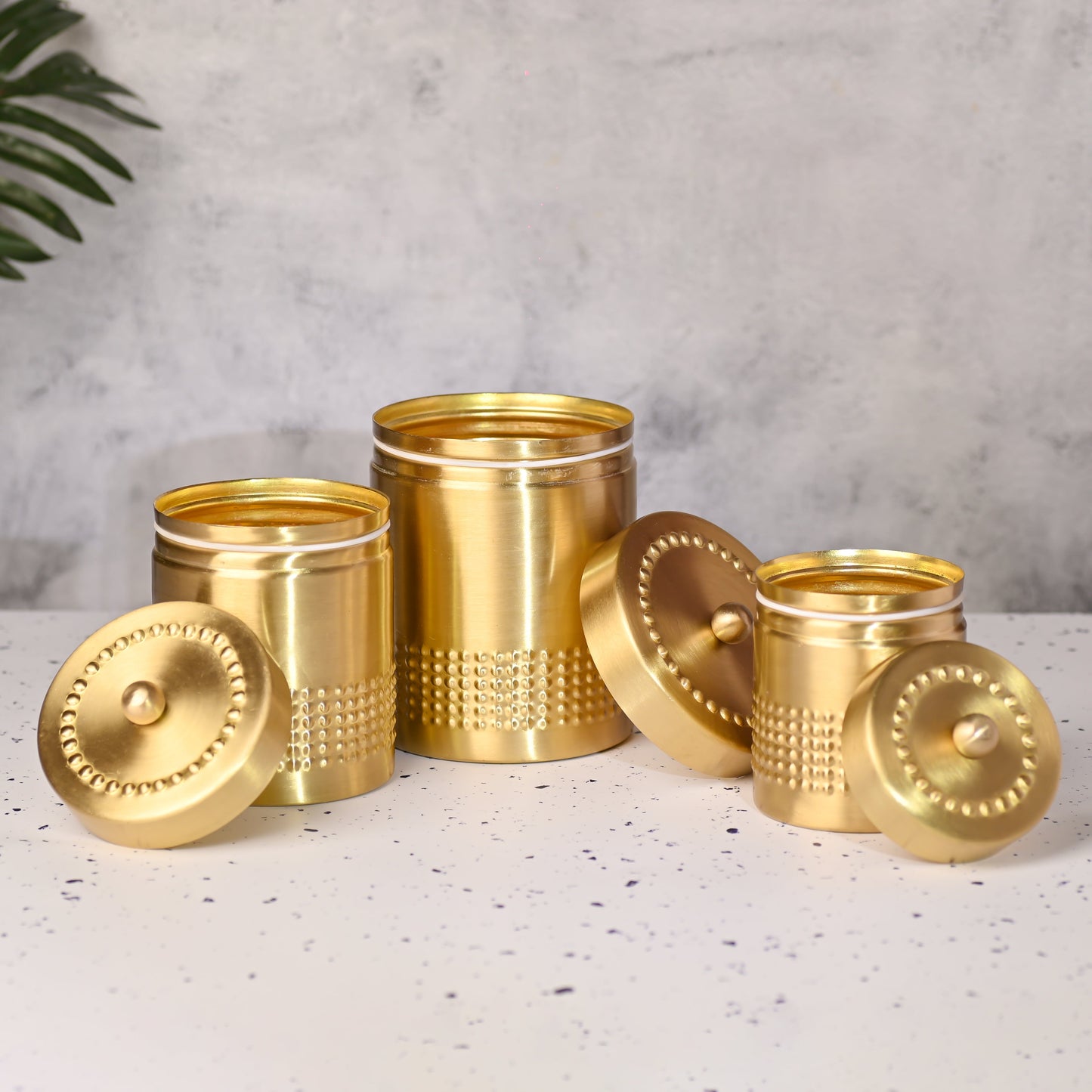 Brass Half Hammered Storage Jars with Lids – Set of 3 Premium Containers