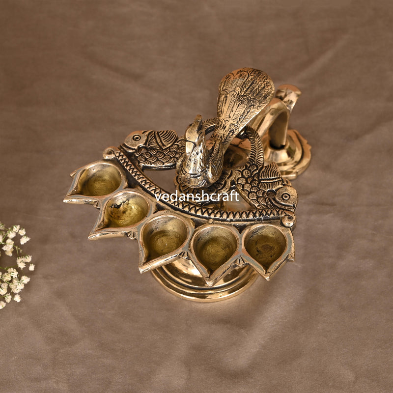 Brass Peacock Panch Aarti With Handle (7.5 Inch)