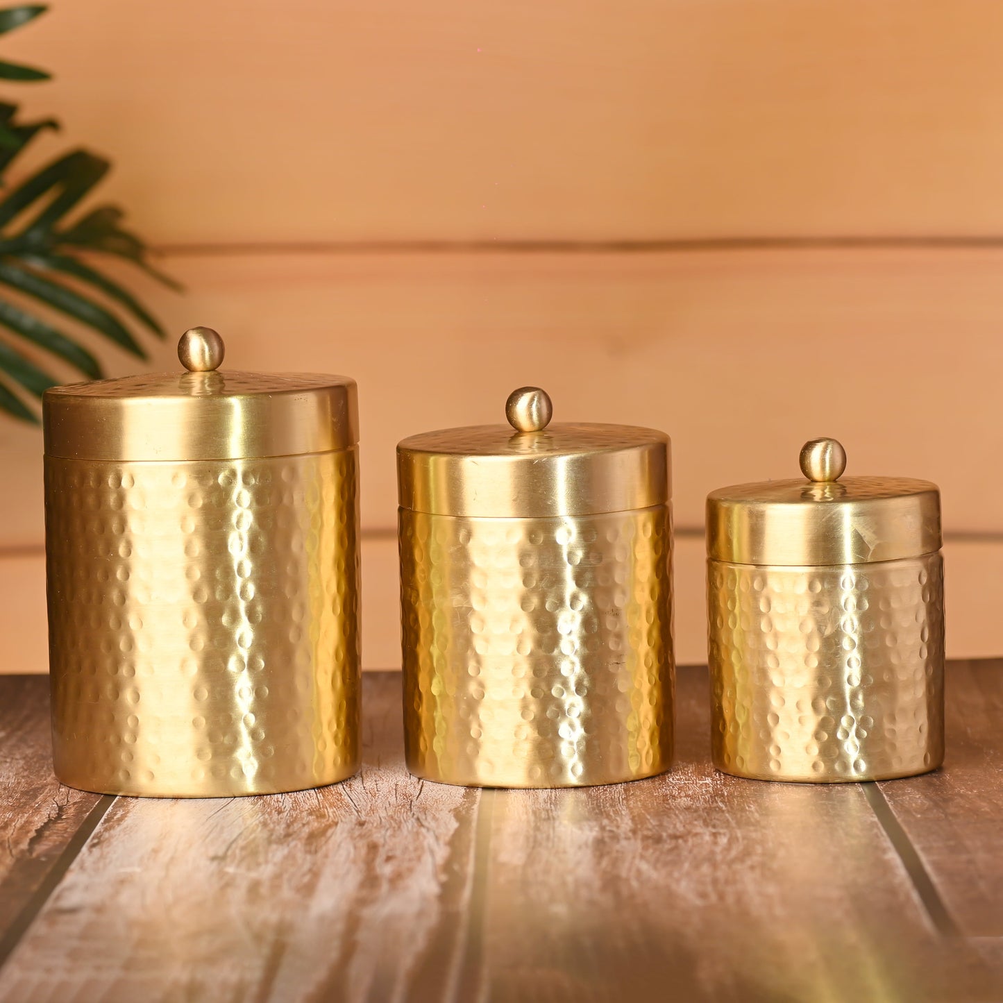Brass Hammered Storage Jars with Lids – Set of 3 Premium Containers
