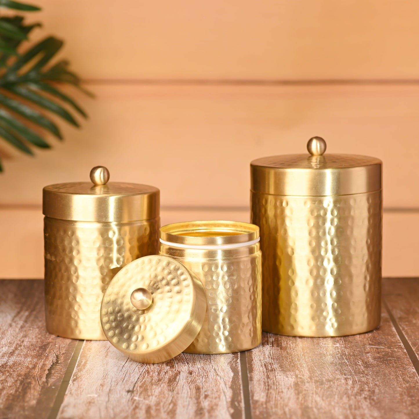 Brass Hammered Storage Jars with Lids – Set of 3 Premium Containers