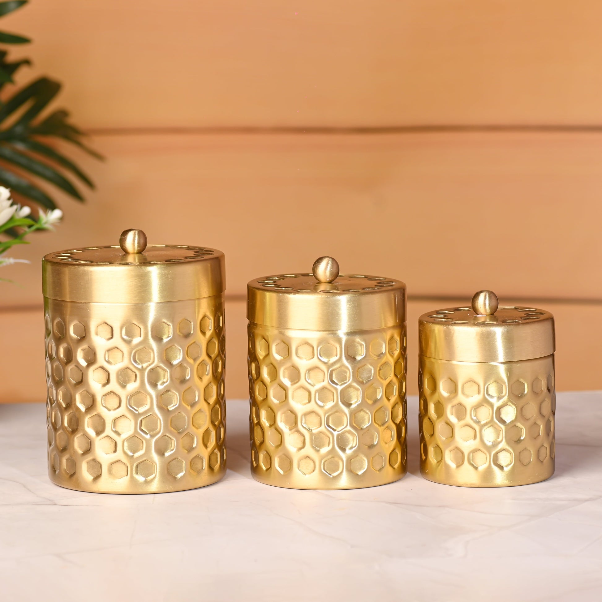 Brass Diamond Hammered Storage Jars with Lids – Set of 3 Premium Containers
