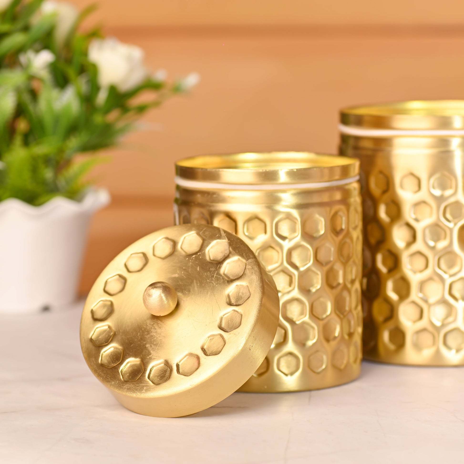 Brass Diamond Hammered Storage Jars with Lids – Set of 3 Premium Containers