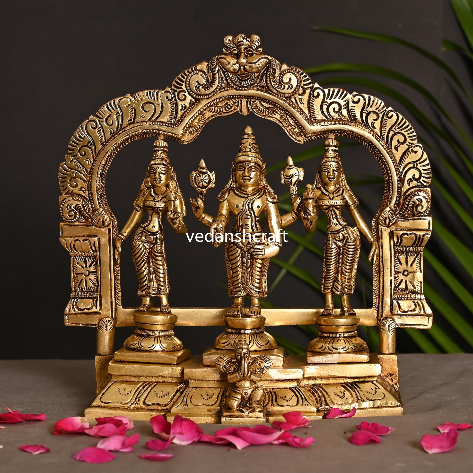 Brass Lord Balaji, Sri Devi And Bhudevi With Prabhavali Frame (8.8 Inch)