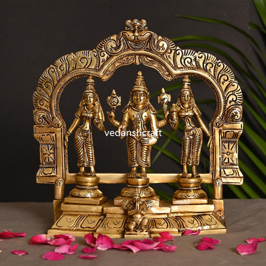 Brass Lord Balaji, Sri Devi And Bhudevi With Prabhavali Frame (8.8 Inch)