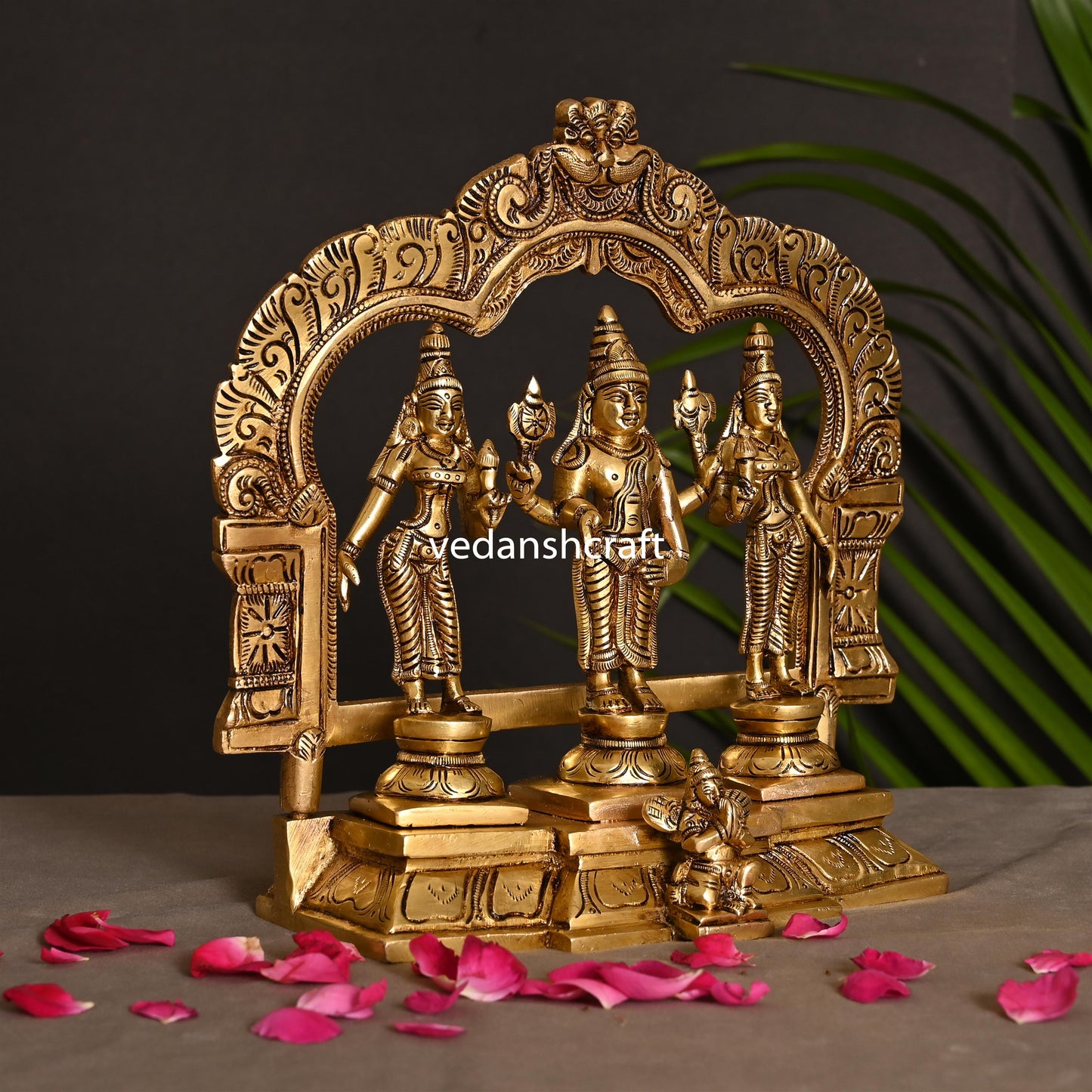 Brass Lord Balaji, Sri Devi And Bhudevi With Prabhavali Frame (8.8 Inch)