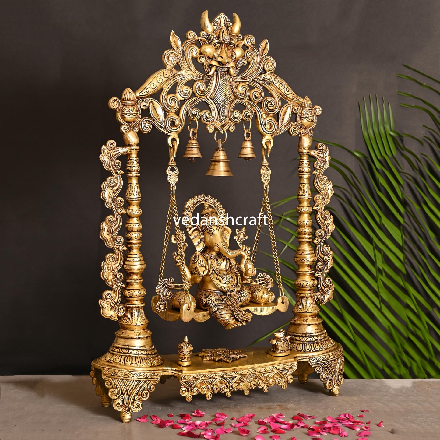 Brass Superfine Ganesha On Swing With Hanging Bells (25.5")