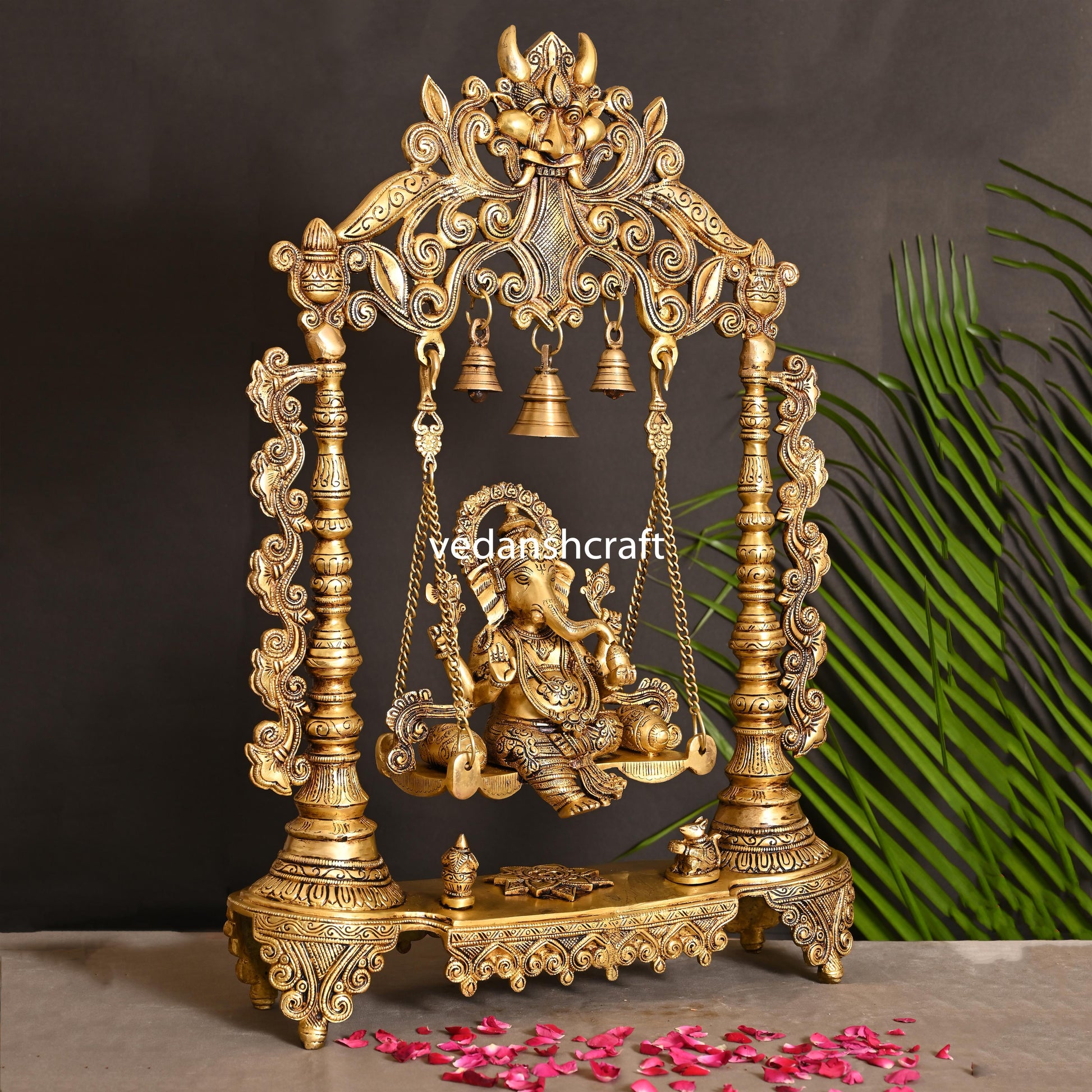 Brass Superfine Ganesha On Swing With Hanging Bells (25.5")