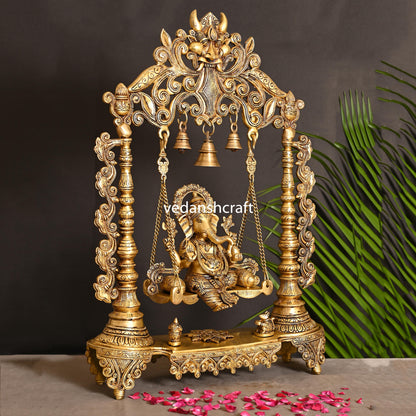 Brass Superfine Ganesha On Swing With Hanging Bells (25.5")