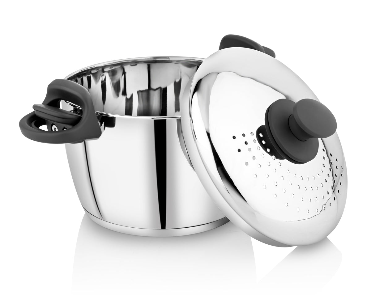 Sleek 3.7 L Stainless Steel Pasta Strainer Pot with Glass Lid, Soft-Touch Handles & 3-Ply Sandwich Base