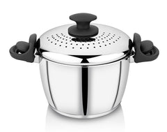 Sleek 3.7 L Stainless Steel Pasta Strainer Pot with Glass Lid, Soft-Touch Handles & 3-Ply Sandwich Base