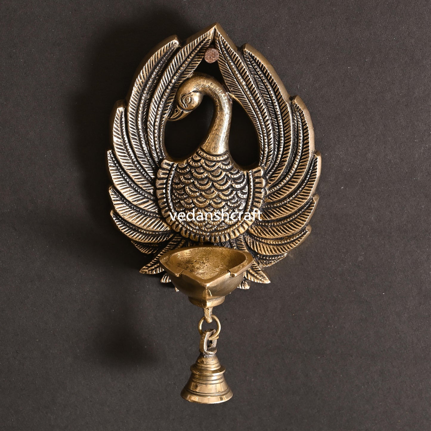 Brass Peacock Wall Hanging Diya With Bell (8 Inch)