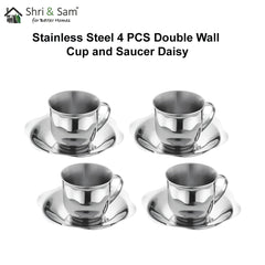 Stainless Steel 4 PCS Double Wall Cup and Saucer Daisy