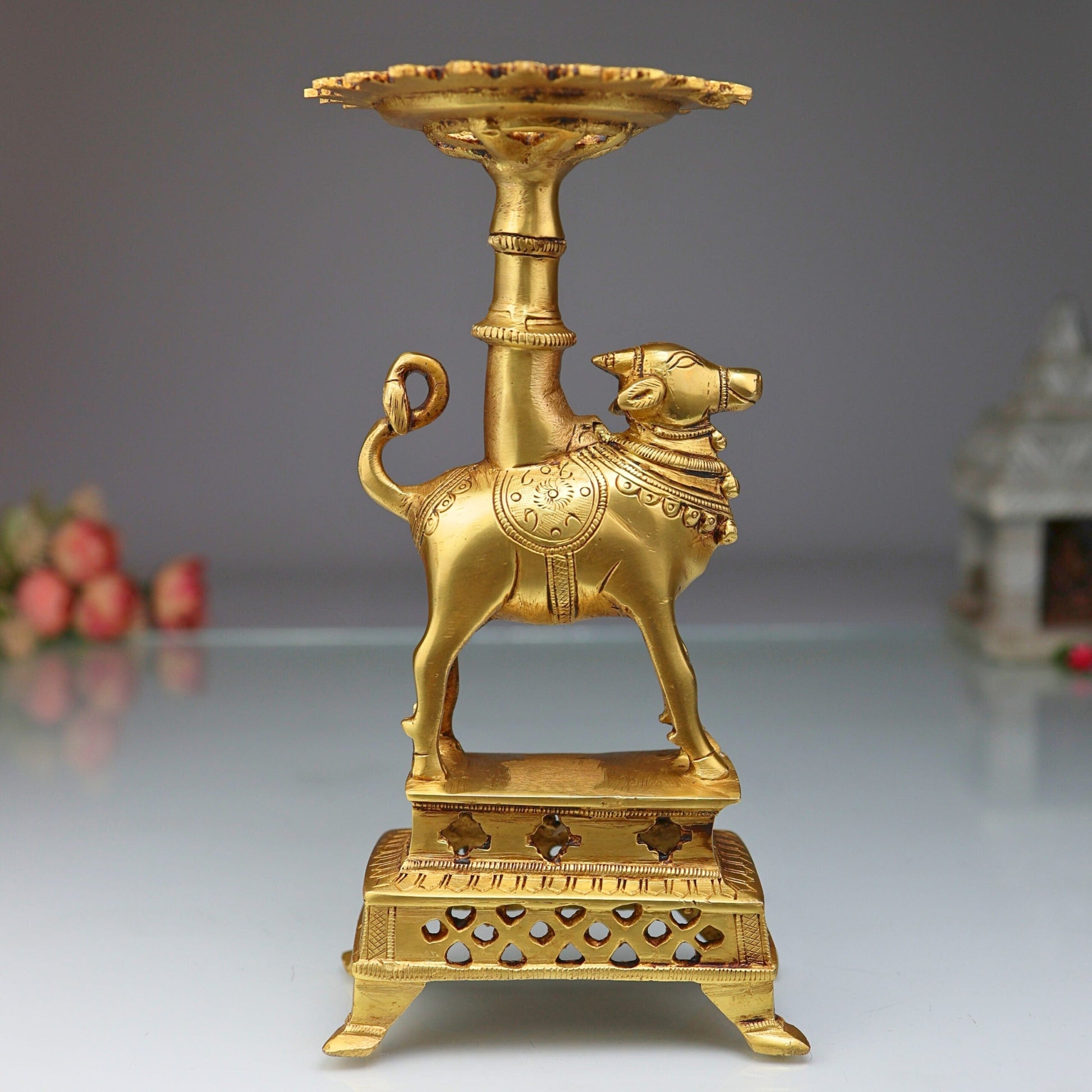 Brass Nandhi Puja Stand with Deep Holder, Candle, Diya & Dhoop Burner, traditional South Indian Temple Decor, Gold, 8.5 Inch, 1 Piece