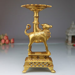 Brass Nandhi Puja Stand with Deep Holder, Candle, Diya & Dhoop Burner, traditional South Indian Temple Decor, Gold, 8.5 Inch, 1 Piece