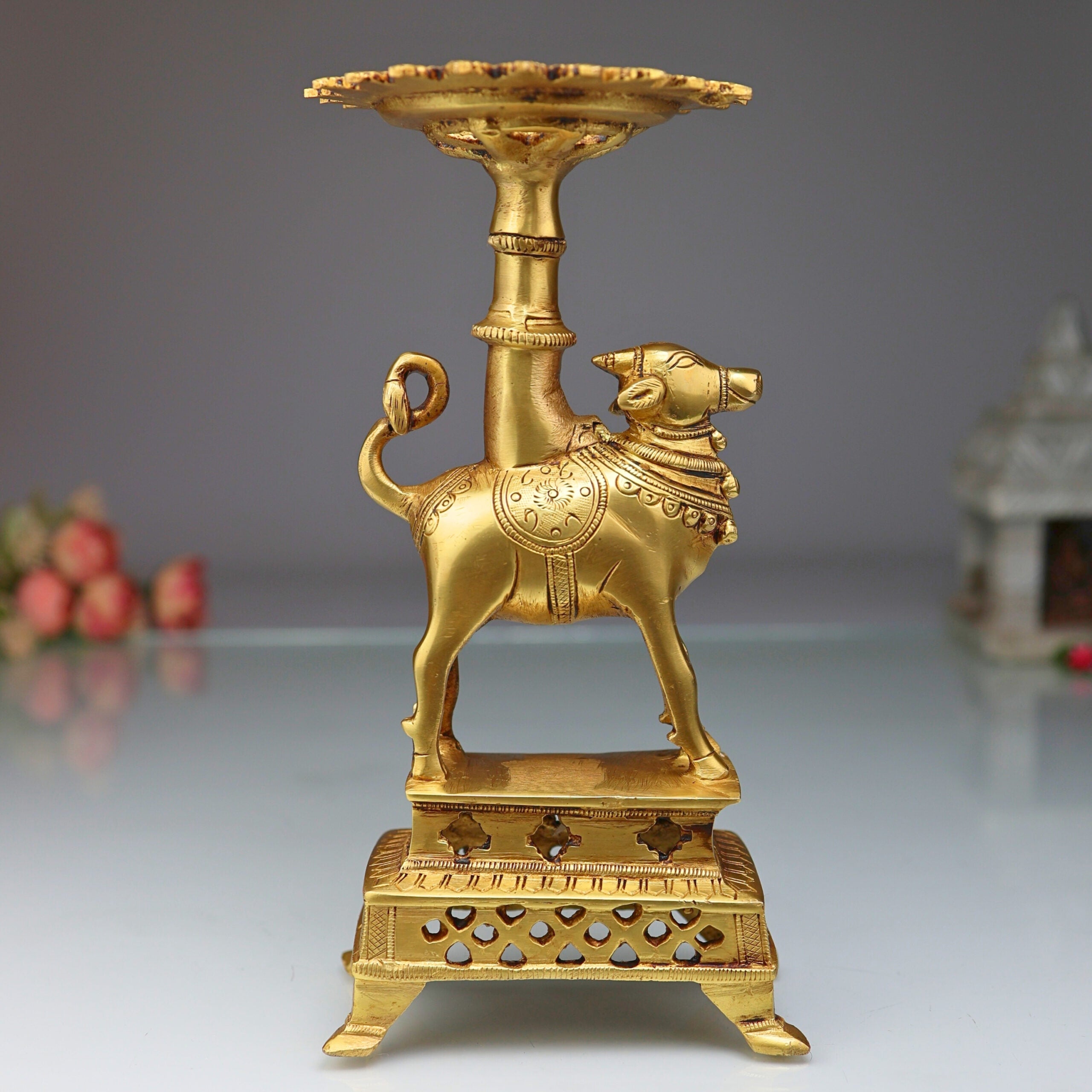 Brass Nandhi Puja Stand with Deep Holder, Candle, Diya & Dhoop Burner, traditional South Indian Temple Decor, Gold, 8.5 Inch, 1 Piece