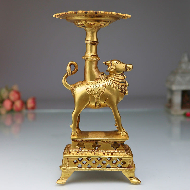 Brass Nandhi Puja Stand with Deep Holder, Candle, Diya & Dhoop Burner, traditional South Indian Temple Decor, Gold, 8.5 Inch, 1 Piece