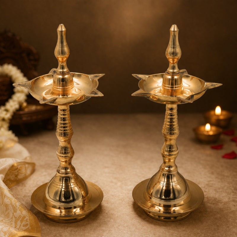 Traditional Brass Pooja Lamp Kuthu Vilakku Nilavilakku Samai Deepam Diya South Indian Temple Oil Lamp Deepalakshmi Kamakshi Kubera Jyoti Brass Aarti Lamp for Home Mandir Pooja Decor, Gold, 10 Inch, 2 Piece