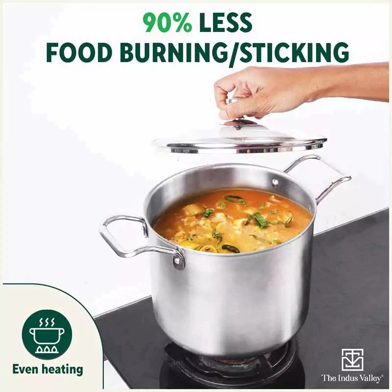 TurboCuk Tri-ply Stainless Steel Tall Biryani Pot/Casserole+ Glass Lid, Premium Quality, 3 Layer Thick Body, 100% Toxin-free, Non-stick, Induction & Gas, 6L