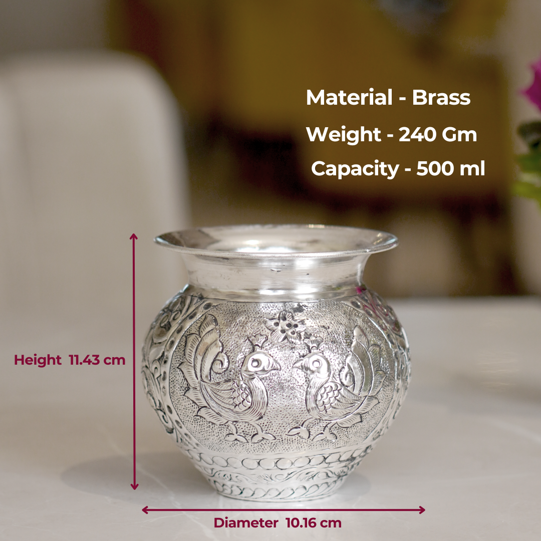 Brass Mayur Lota / Kalash with Silver Finish