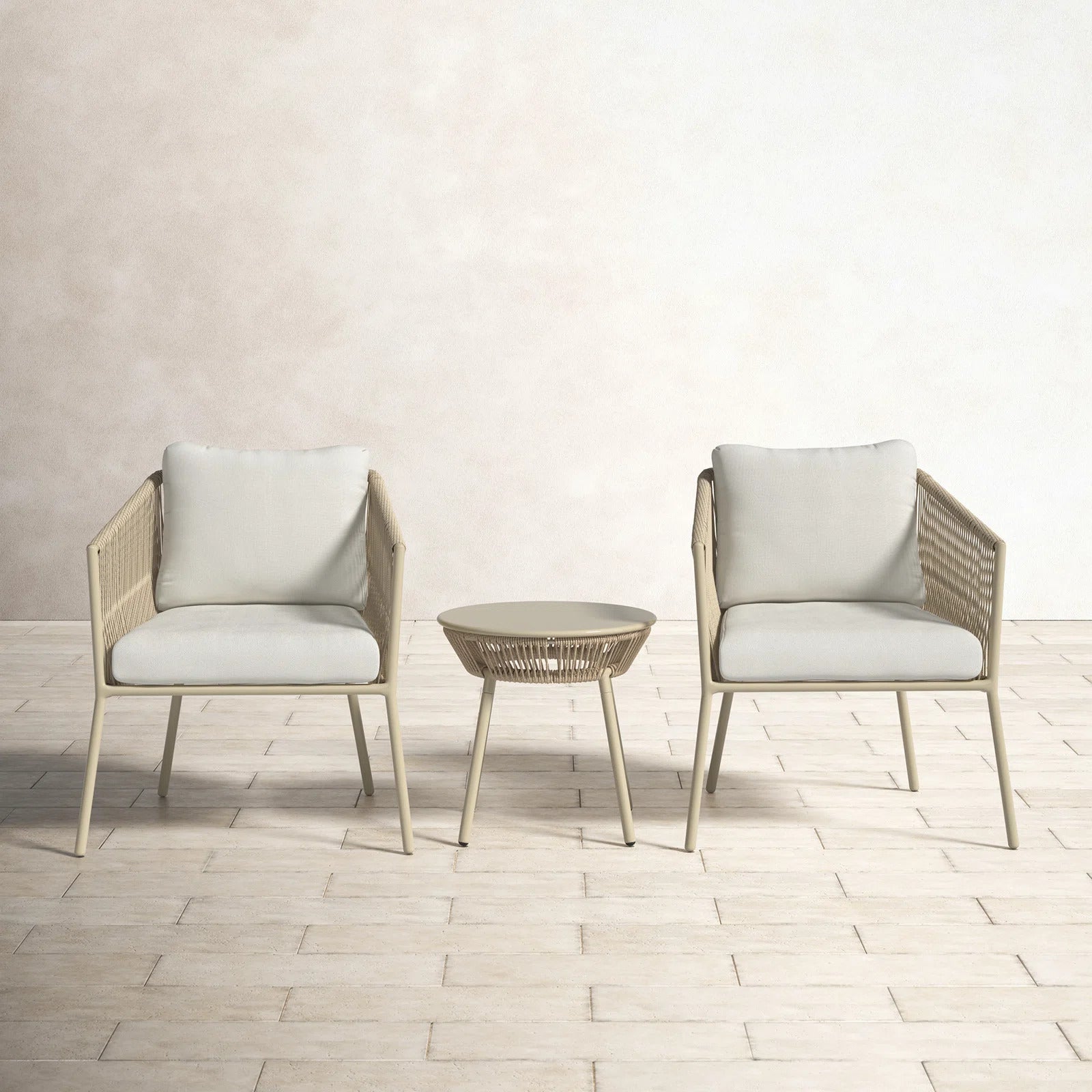 Chimp Outdoor Patio Seating Set 2 Chairs and 1 Table Set (Cream) Braided & Rope