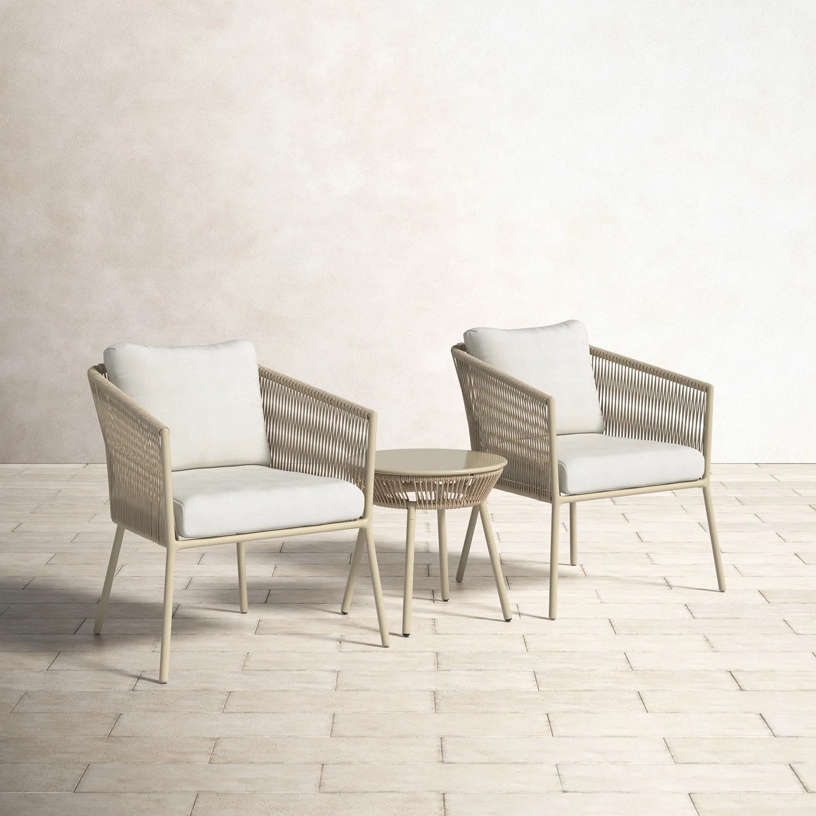 Chimp Outdoor Patio Seating Set 2 Chairs and 1 Table Set (Cream) Braided & Rope