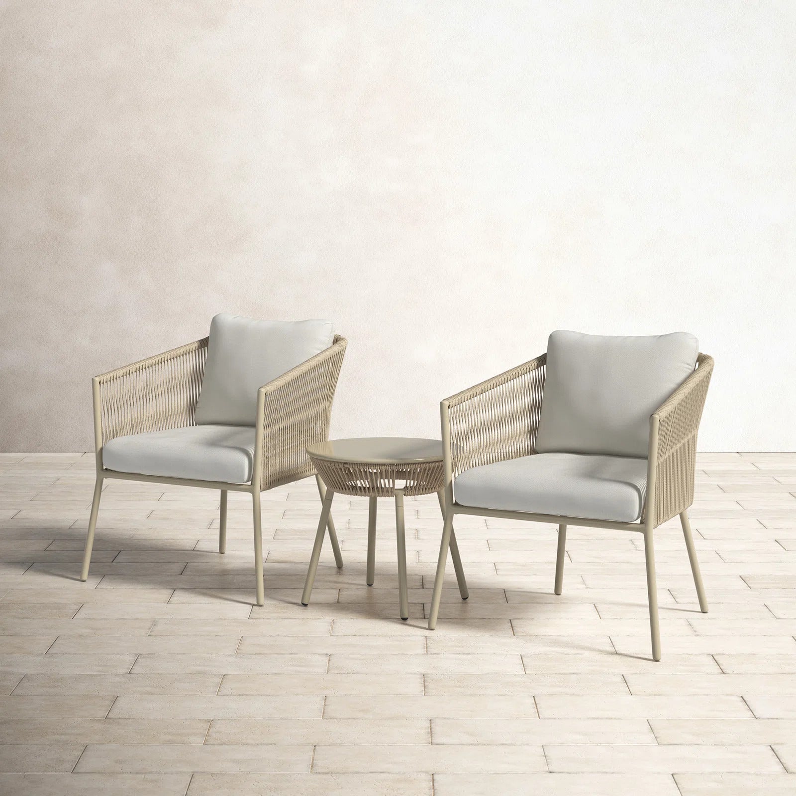 Chimp Outdoor Patio Seating Set 2 Chairs and 1 Table Set (Cream) Braided & Rope