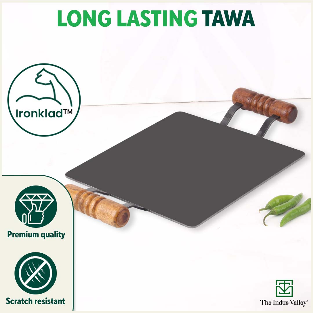 100% Pure Iron Square Tawa with Double Wooden Handles, Pre-Seasoned, Toxin-free, Induction, 30.5cm