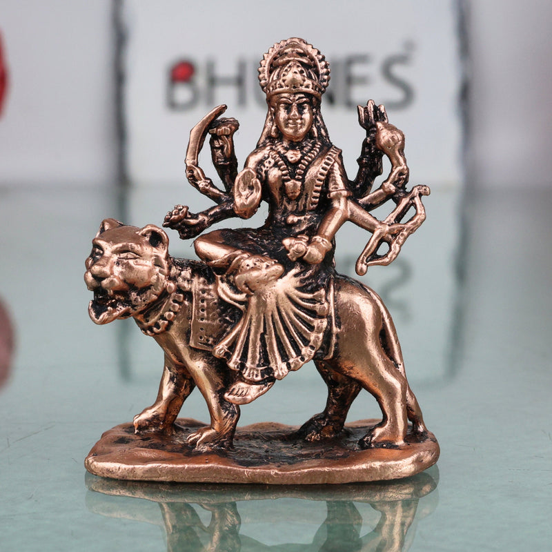 Copper Durga Maa Idol Tamra Mahishasura Mardini Murti Adi Shakti Ambika Jagadamba Bhavani Statue for Puja Home Decor Navratri Gift, Brown, 2.5 Inch, 1 Piece