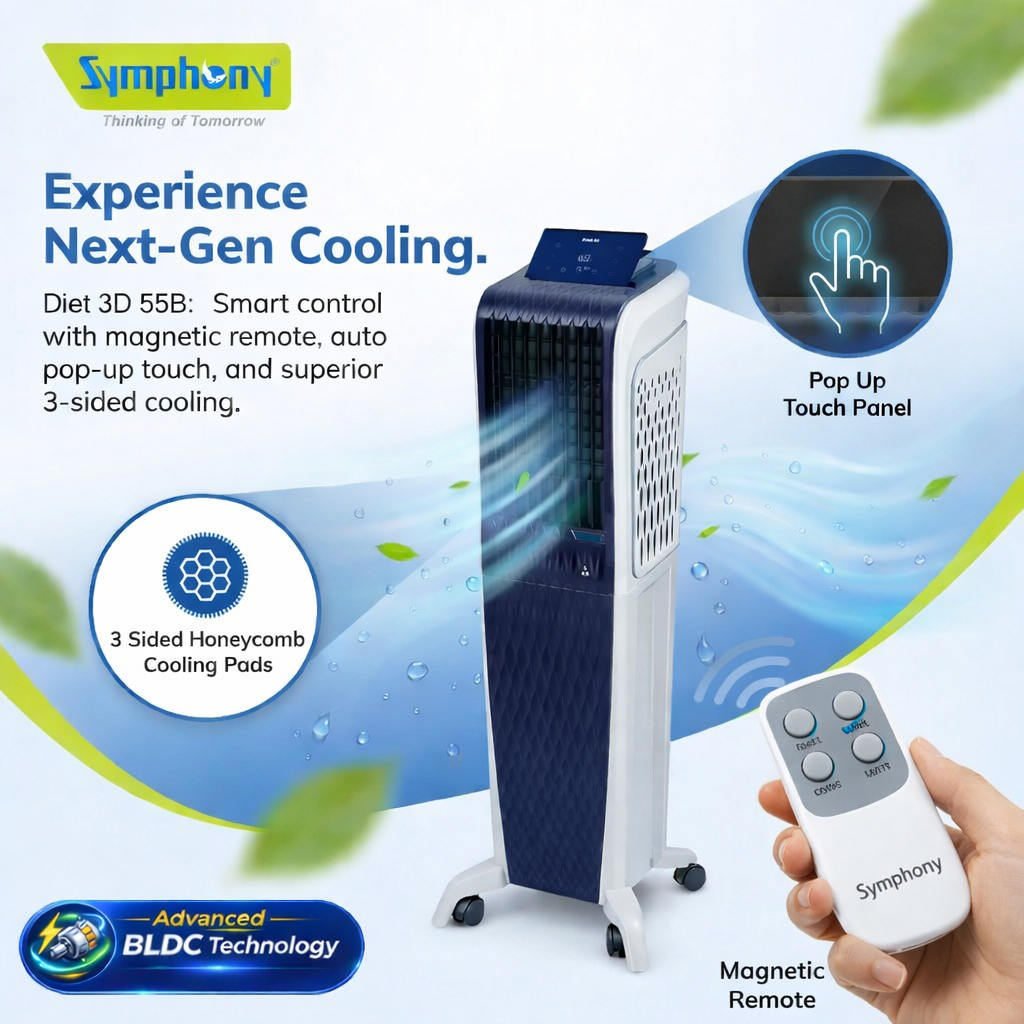 Diet 3D 55B | BLDC Tower Air Cooler | Magnetic Remote | Pop-up Touchscreen