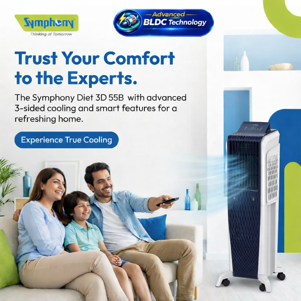 Diet 3D 55B | BLDC Tower Air Cooler | Magnetic Remote | Pop-up Touchscreen