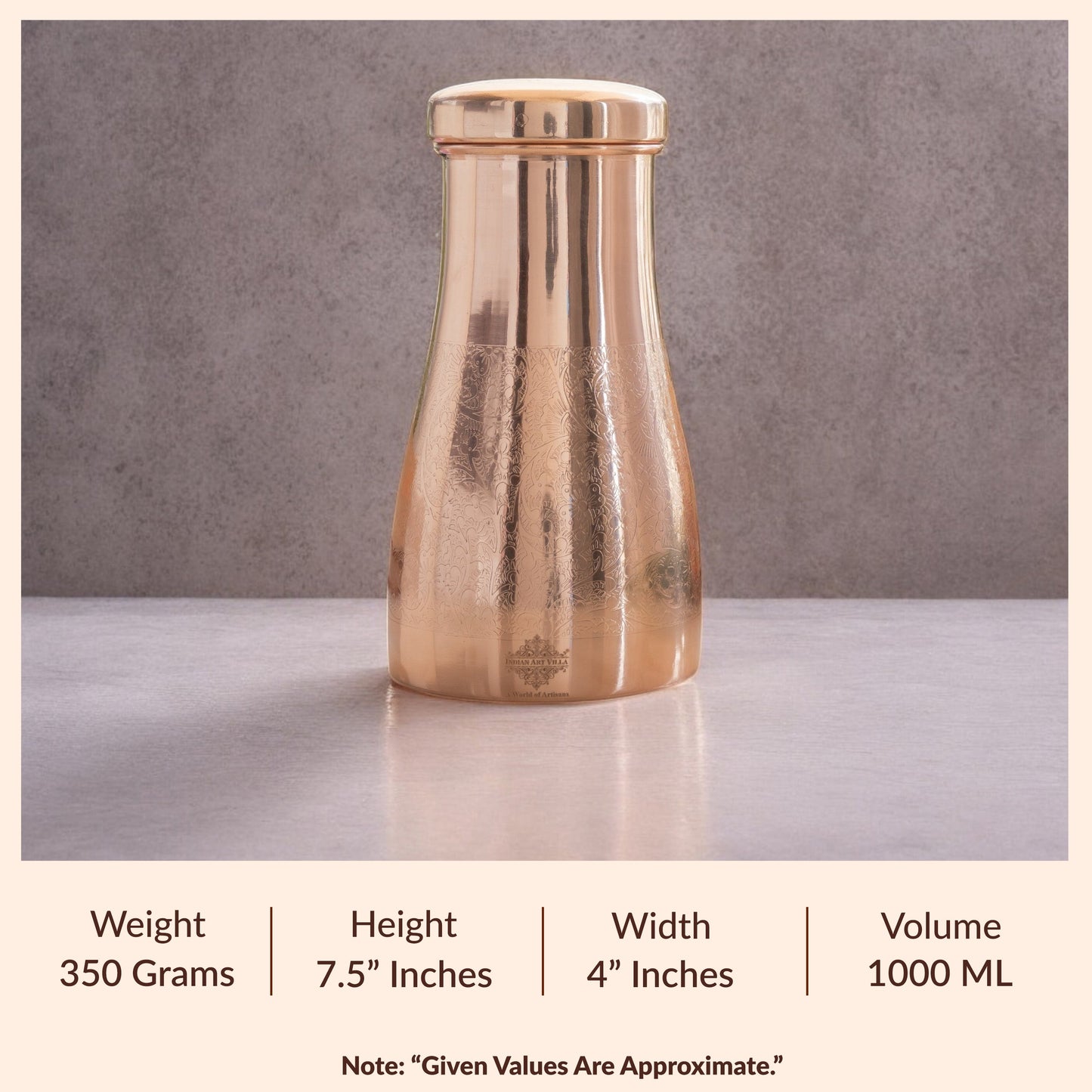 Pure Copper Embossed Bedroom Bottle With Inbuilt Glass