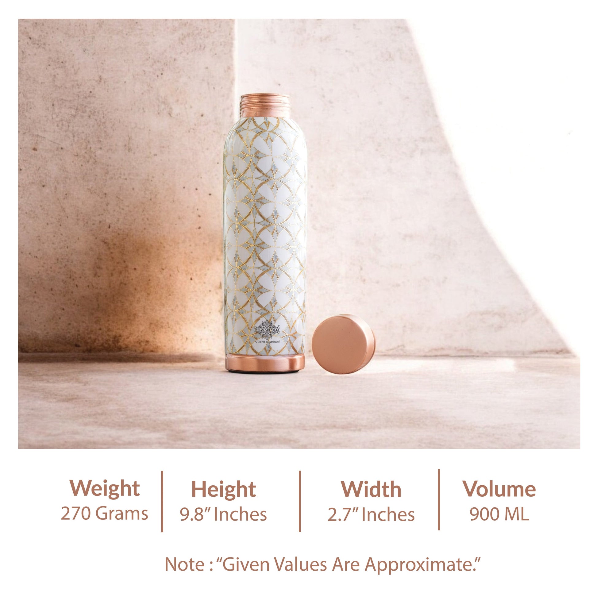 Pure Copper Water Bottle with Different Gold Print Designs, 900 ML