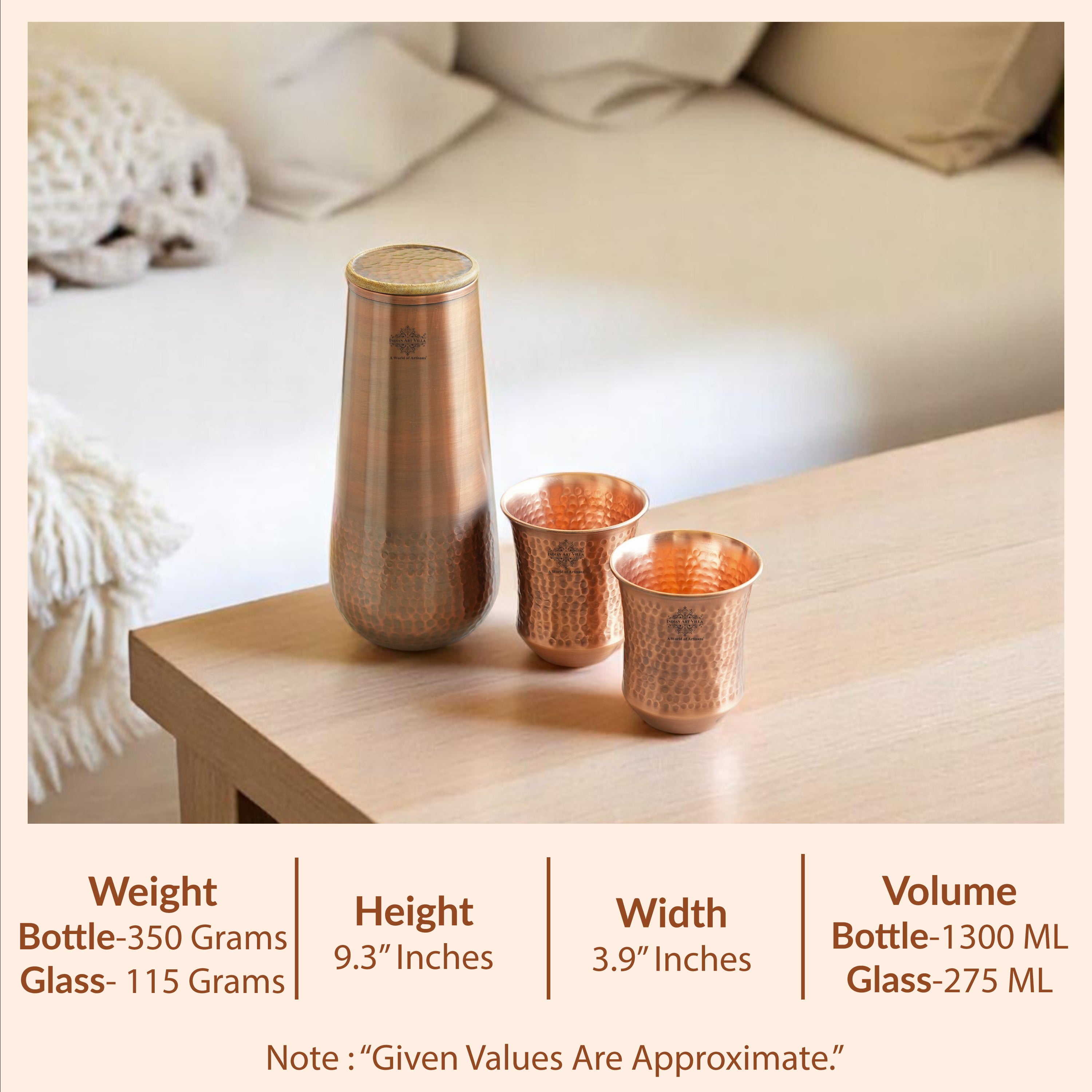 Pure Copper Drinkware Gift Set of Copper Bedroom Bottle & Copper Glass