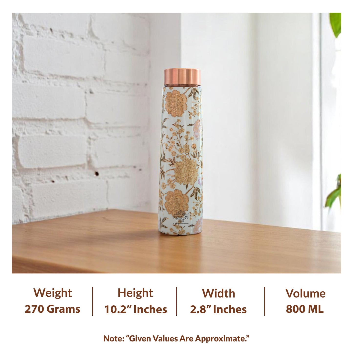 Pure Copper Water Bottle with Pyramid Shape Gold Print Design, 800 ML