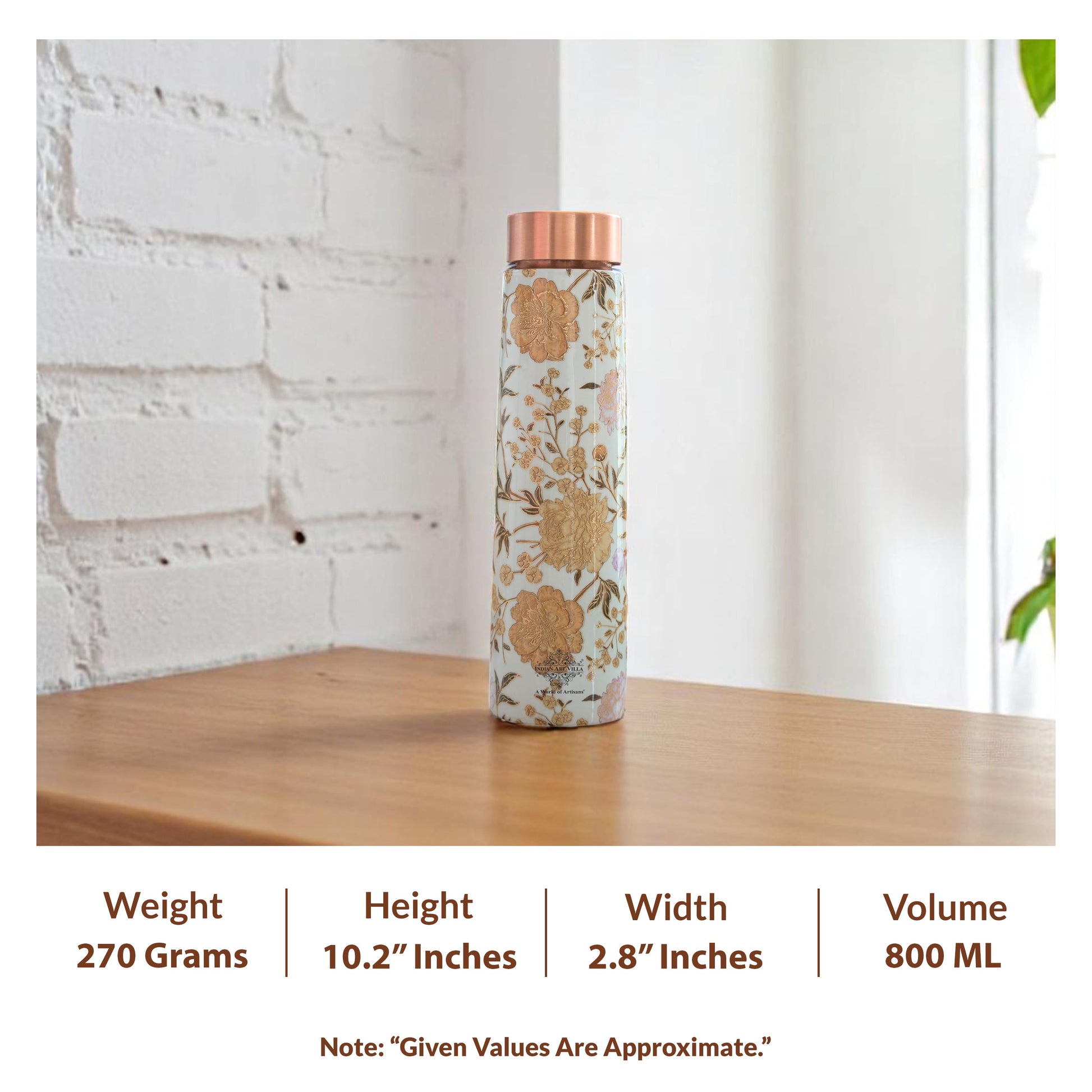 Pure Copper Water Bottle with Pyramid Shape Gold Print Design, 800 ML