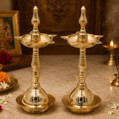Traditional Brass Pooja Lamp Diya Deepam Kuthu Vilakku Nilavilakku Deepalakshmi Kamakshi Kubera Deepam Aarti Oil Lamp for Home Temple Mandir Spiritual Decor Diwali Festival Lighting, Gold, 12.5 Inch, 2 Piece