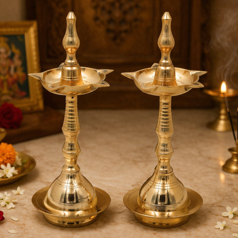 Traditional Brass Pooja Lamp Diya Deepam Kuthu Vilakku Nilavilakku Deepalakshmi Kamakshi Kubera Deepam Aarti Oil Lamp for Home Temple Mandir Spiritual Decor Diwali Festival Lighting, Gold, 12.5 Inch, 2 Piece