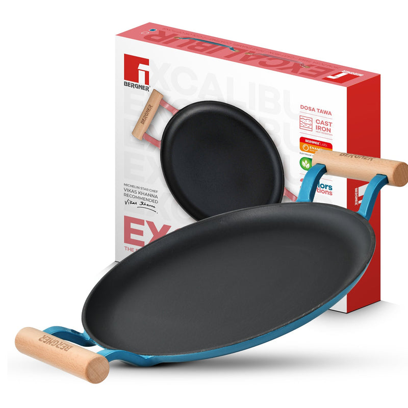 Bergner Excalibur Light Cast Iron Dosa Tawa 28cm with Double Sided Handle -Blue