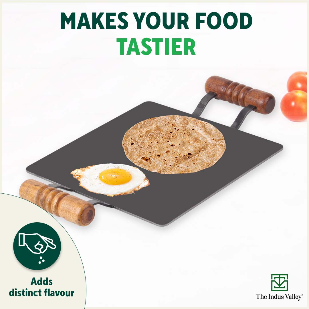 100% Pure Iron Square Tawa with Double Wooden Handles, Pre-Seasoned, Toxin-free, Induction, 30.5cm