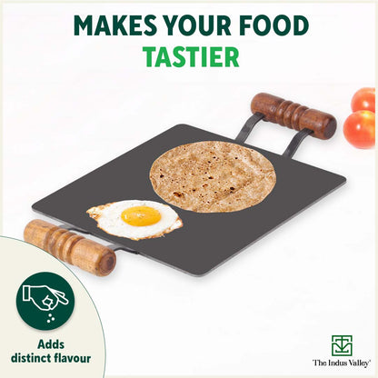 100% Pure Iron Square Tawa with Double Wooden Handles, Pre-Seasoned, Toxin-free, Induction, 30.5cm